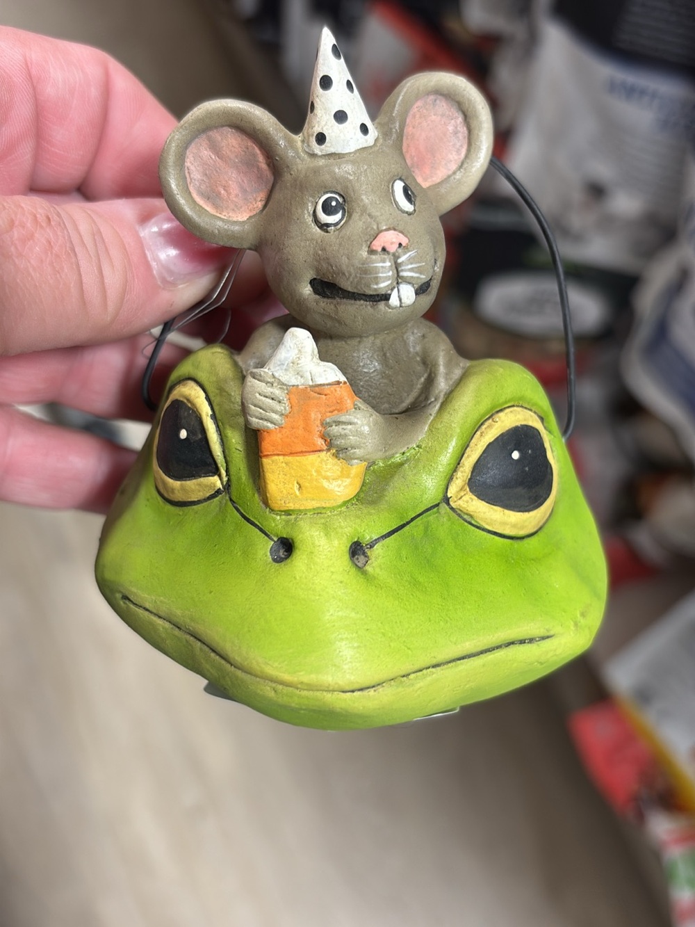 Bethany Lowe Decorative Green Frog with Party Mouse Hanging Ornament